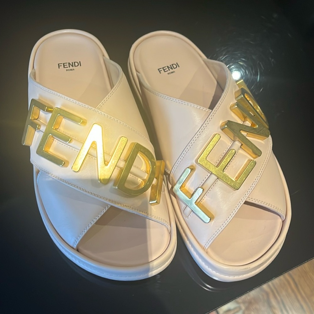 Fendi White Leather Slide Sandals with Gold Logo